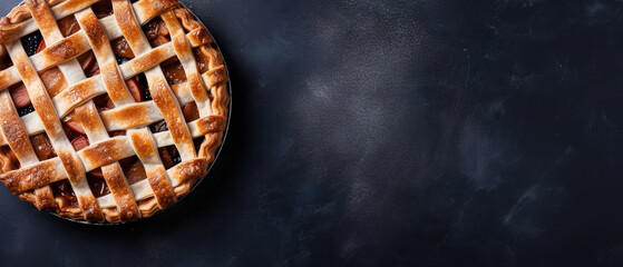 a apple pie imagery in a minimalist photographic approach, top view, with blue background, modern food photography, with empty copy space