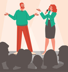 Presenter and motivation speaker on stage in front of audience.