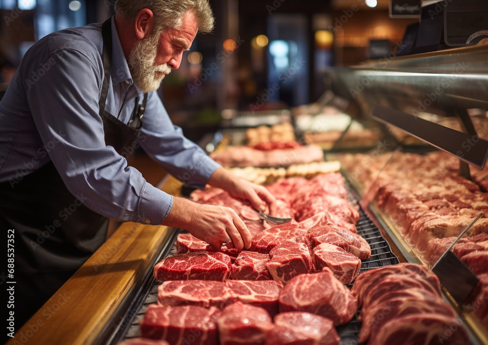 Wall mural butcher lays out fresh raw red beef fillet and steaks on large food market.ai generative.