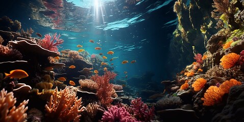 Underwater wildlife with beautiful reef in blue ocean perfect for diving.Macro.AI Generative.