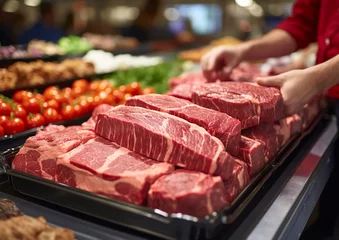 Fotobehang Butcher arms hold red raw beef fillet steak on meat market.Macro.AI Generative. © DenisMArt