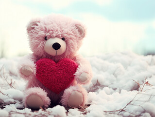 A soft toy pink fluffy bear holding a red heart