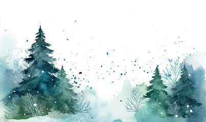 watercolor winter forest landscape with snow, background for desing