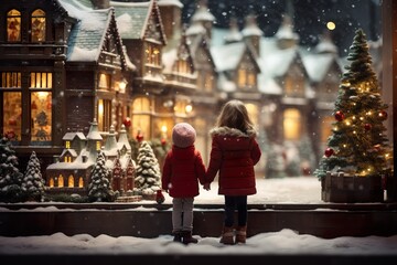 Obraz premium children looking a window of a christmas shop on christmas day