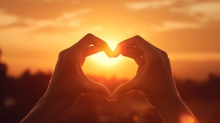 Woman hand do heart shape on sunset sky and bokeh background, Hands in shape of love heart, generative ai