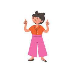 Cute child girl standing pointing fingers up, flat vector illustration isolated.