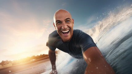 handsome guy traveler surfer in touristic clothing enjoying ocean sea waves swimming time - obrazy, fototapety, plakaty