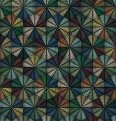 Geometric design with multicolored embroidered triangles on a black background. Abstract retro style. Seamless repeating pattern. Decorative vector illustration.