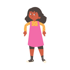Cute smiling child girl points down with fingers flat style