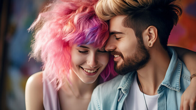 Woman with pink hair. Cheerful multicultural couple in love hugging together on Valentine's Day.