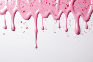 Pink confectionery glaze flows down on a white background. Generated by artificial intelligence - obrazy, fototapety, plakaty