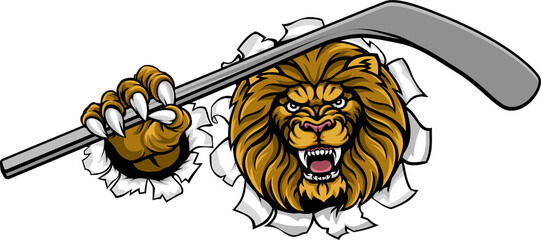 Lion Ice Hockey Player Cartoon Sports Mascot