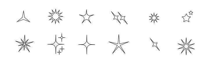 Minimalist silhouette Star icons, star shape vector set. Abstract y2k sparkles. Twinkling stars, abstract sparkle black silhouettes symbol shining burst. Vector