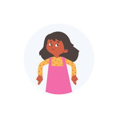 Round shape with cute smiling child girl points fingers down