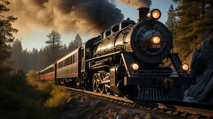 Naklejka premium The Massive Steam Locomotive Belches Smoke And Steam As It Chugs Down The Tracks Its Steel Wheels Screeching Against The Rails Background