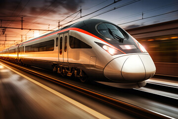 Fototapeta premium Modern high speed train at sunset