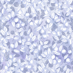 Blueberry.  Seamless vector pattern with wild berries on lilac watercolor background.  Perfect for design templates, wallpaper, wrapping, fabric, print and textile.