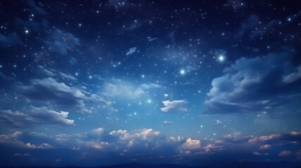 Stars in the night sky. Fluffy clouds at night against a dark blue sky with stars background. Background night sky with stars and clouds.