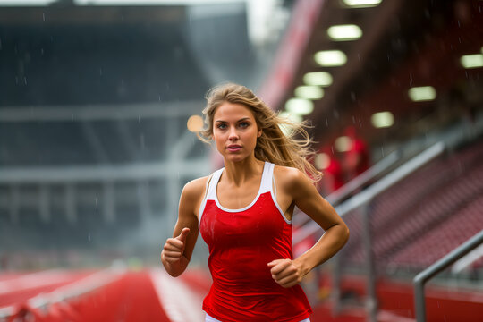 Athletic girl runner in red uniform.