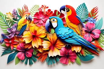 南国のカラフルな鳥と花
