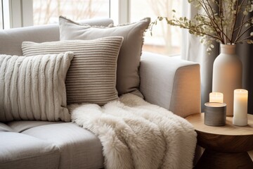 Close-up of pillows on the couch and candles on the table. Design a small area rug which makes a city living room