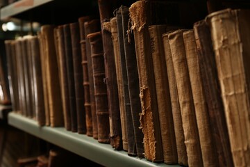 Old books on shelf in library, closeup