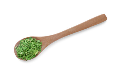 Wooden spoon of dried parsley isolated on white, top view