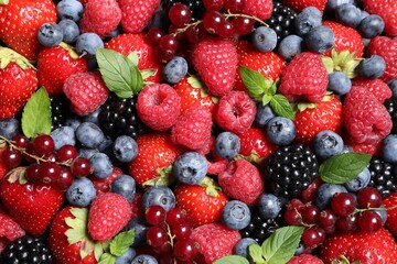 Assortment of fresh ripe berries with green leaves as background, top view - obrazy, fototapety, plakaty