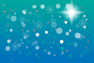 Abstract bokeh lights with snowflakes on green and blue gradient background