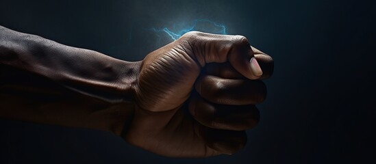 Close-up of a male hand clenched into a fist on a dark background - obrazy, fototapety, plakaty