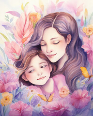Obraz na płótnie Canvas Portraits of mother and daughter for Mother's Day, watercolor illustration in pastel colors