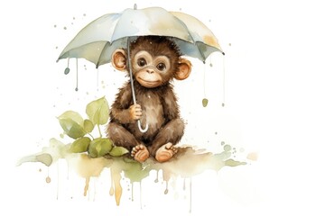 cartoon watercolor monkey with umbrella on white background
