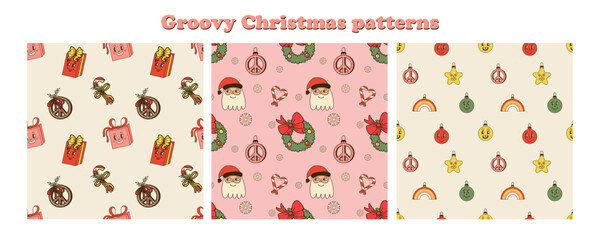 Groovy Christmas seamless pattern. Comic retro winter characters and decorative elements. Hippie decor textile, wrapping paper, wallpaper design. Cartoon vector in 70s 80s, xmas background