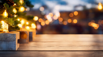  New Year, Christmas Background. Wooden table top against blurry city lights with product place setting