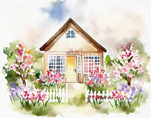 Fototapeta na wymiar Watercolor of Watercolor of a wooden house in the summer garden with flowers