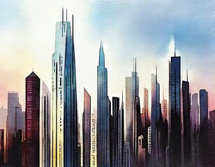 Watercolor of Cyberpunk Future City Skyline Futuristic Sci Fi