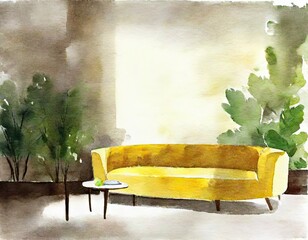 Watercolor of A yellow couch and coffee table in the interior of a living 