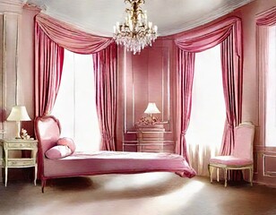 Watercolor of A posh bedroom setting with a pink 