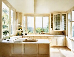 Fototapeta na wymiar Watercolor of Kitchen interior design