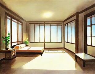 Watercolor of an anime style room with glow 