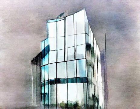 Watercolor of modern building with glass windows