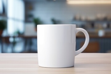 Mock up of white mug on a table with kitchen on background