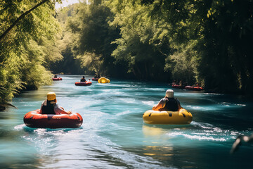 
A lazy river tubing adventure, where participants drift down a calm river, enjoying effortless fun amidst beautiful natural scenery in a laid-back and enjoyable activity.
 - obrazy, fototapety, plakaty