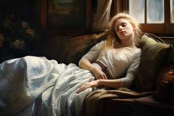 Obraz premium A tranquil scene of an afternoon siesta taken in a cozy corner, embodying peaceful slumber and quietude, offering a much-needed break from the daily hustle and a restful pause. 
