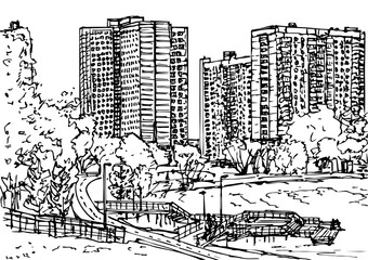 Ink landscape with high-rise multi-storey buildings on the shore of a pond, with paths and trees, in the Park of Culture and Recreation
