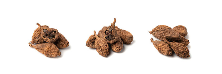 Black Cardamom Seeds Isolated, Brown Cardamon, Dry Kardamon Fruits, Cardamum Spice, Cardamomum