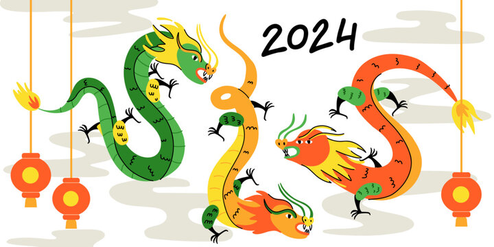 Chinese dragon banner. Modern colorful traditional New Year zodiac animal, clouds background, 2024 Horoscope. Asian lunar calendar trendy symbol, green and red reptile vector illustration