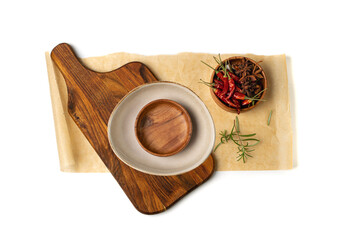 Wood Cutting Board Mockup Isolated, Vintage Chopping Board Background, Empty Cut Desk Top View