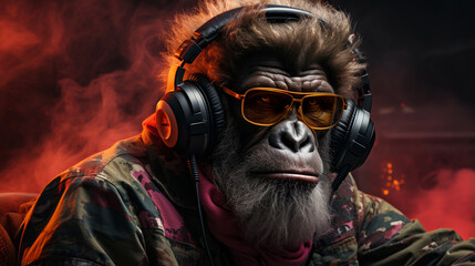 Cool young DJ Gorilla with headphones and sunglasses enjoys the music. generative ai - obrazy, fototapety, plakaty