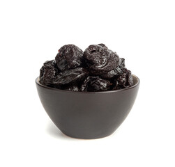 Dry Plums Isolated, Dried Black Fruits, Prune Group, Dry Plum Fruit on White Background